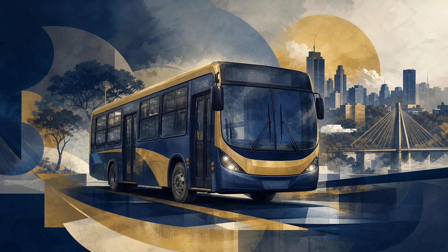 Ilustração: um ônibus urbano estilizado, em azul-marinho e dourado.