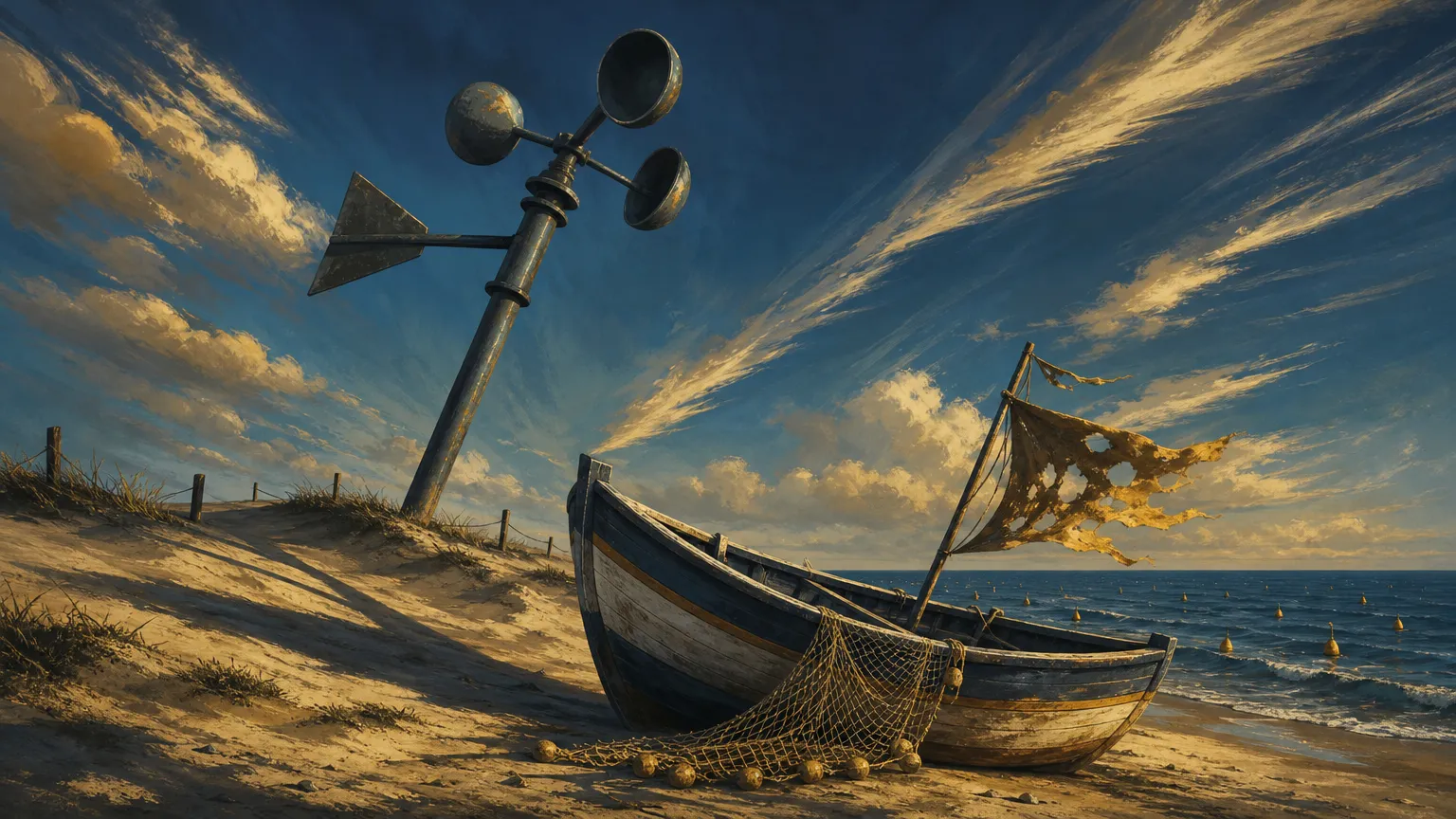 Ilustração: Um anemômetro gigante, inclinado pelo sopro, ergue-se sobre dunas estilizadas; sua sombra longa cruza um pequeno barco de pesca encalhado com a vela rasgada, enquanto boias balançam no mar e nuvens alongadas cortam o céu, iluminadas por luz lateral que acentua profundidade e contraste, e