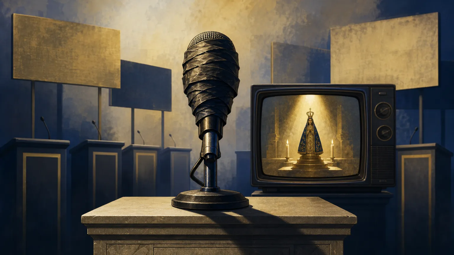 Ilustração: Um microfone mudo em pedestal ocupa o primeiro plano, com a superfície do cone coberta por fita opaca que projeta sombra alongada. Ao fundo, um televisor antigo exibe uma pequena estatueta religiosa estilizada sobre um altar iluminado por um feixe de luz; atrás do aparelho, placas de cam