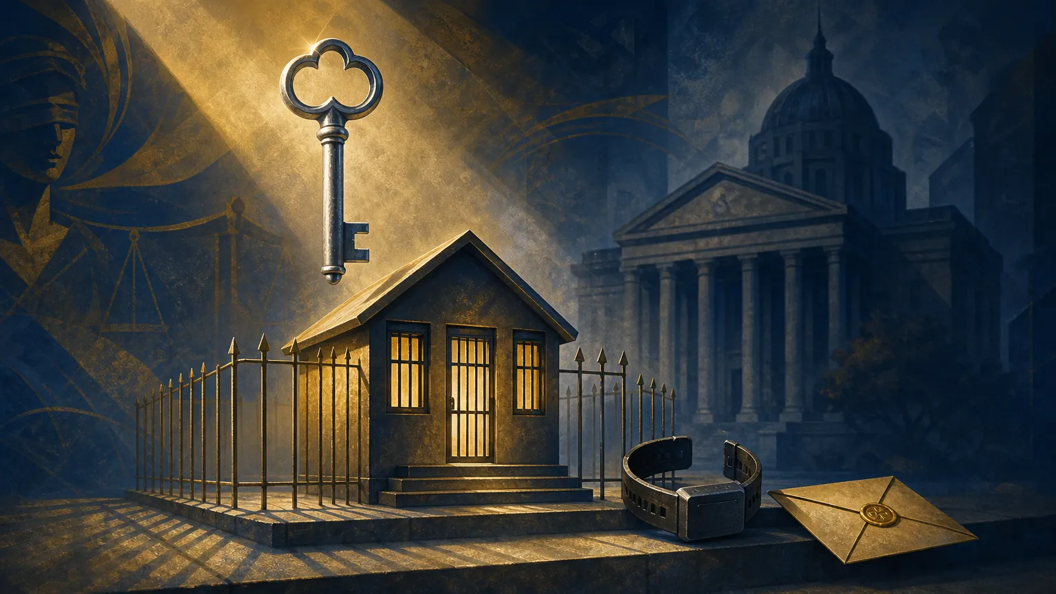 Ilustração: No primeiro plano, uma chave prateada paira suspensa sobre uma pequena casa estilizada cercada por grades finas, iluminada por um feixe de luz que projeta sombras longas. Ao fundo, a silhueta desfocada de um prédio do Judiciário e, no degrau da casa, uma tornozeleira semiaberta ao lado d