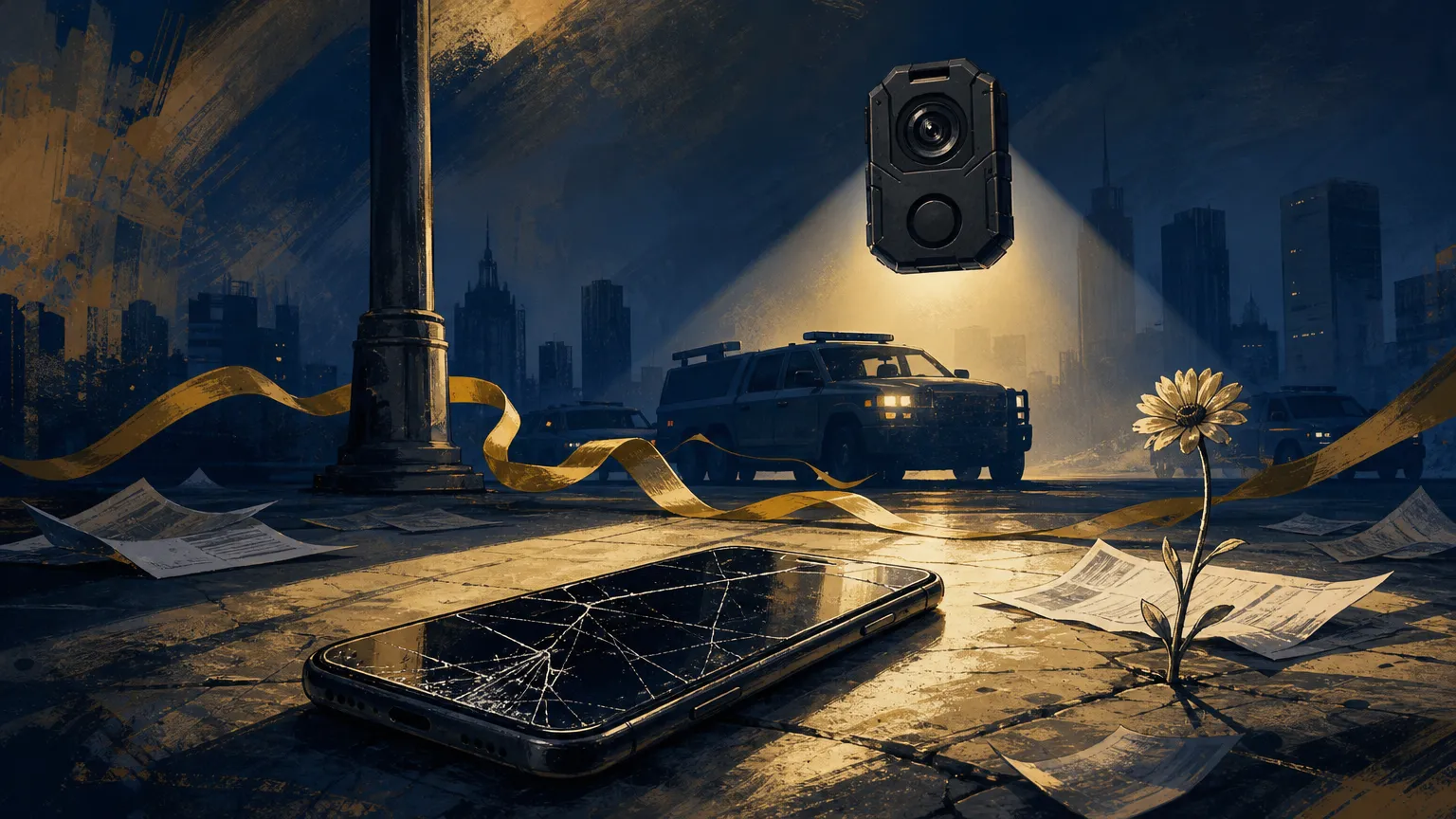 Ilustração: Um celular rachado em primeiro plano sobre a calçada, iluminado por um poste que projeta sombras longas; ao fundo, viaturas estilizadas recortam-se contra prédios escuros e uma câmera corporal suspensa em forma de farol opaco sobre a cena. Fita de perícia ondula entre papéis dispersos e