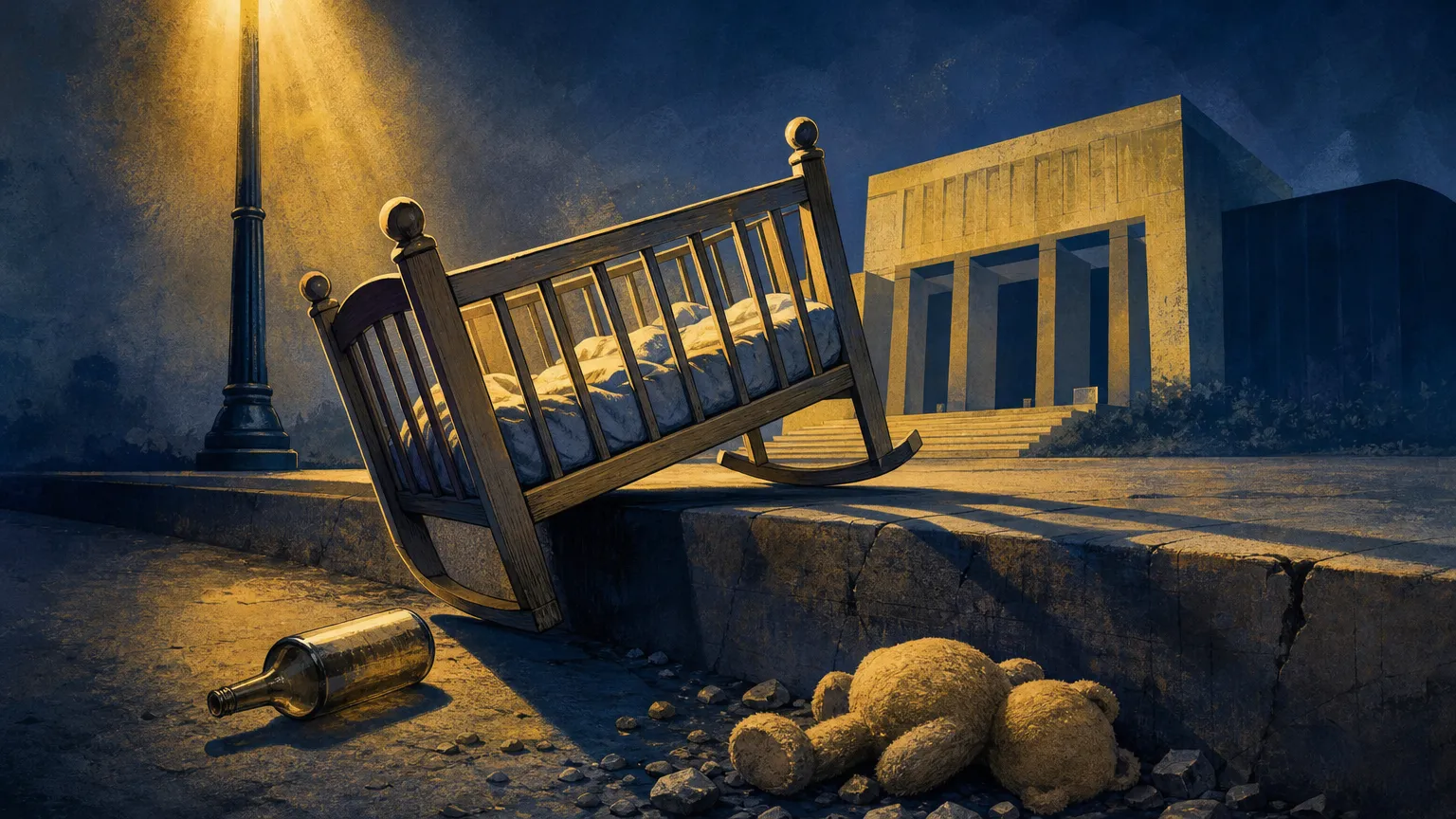 Ilustração: Um berço infantil inclinado sobre o parapeito de uma calçada, com a luz de um poste formando sombras longas que dramatizam a instabilidade. Ao redor, uma garrafa tombada, um ursinho caído entre pedras e a silhueta estilizada de um prédio público ao fundo sugerem investigação e intervençã