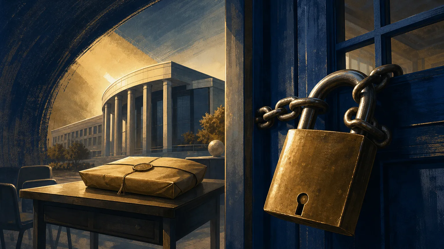 Ilustração: Um cadeado grande em primeiro plano preso a uma porta de escola estilizada, visivelmente fechada; atrás, um malote lacrado repousa sobre uma pequena mesa de apuração e, ao fundo, a fachada simplificada do tribunal regional do estado sob luz amena, sugerindo prorrogação do horário enquant