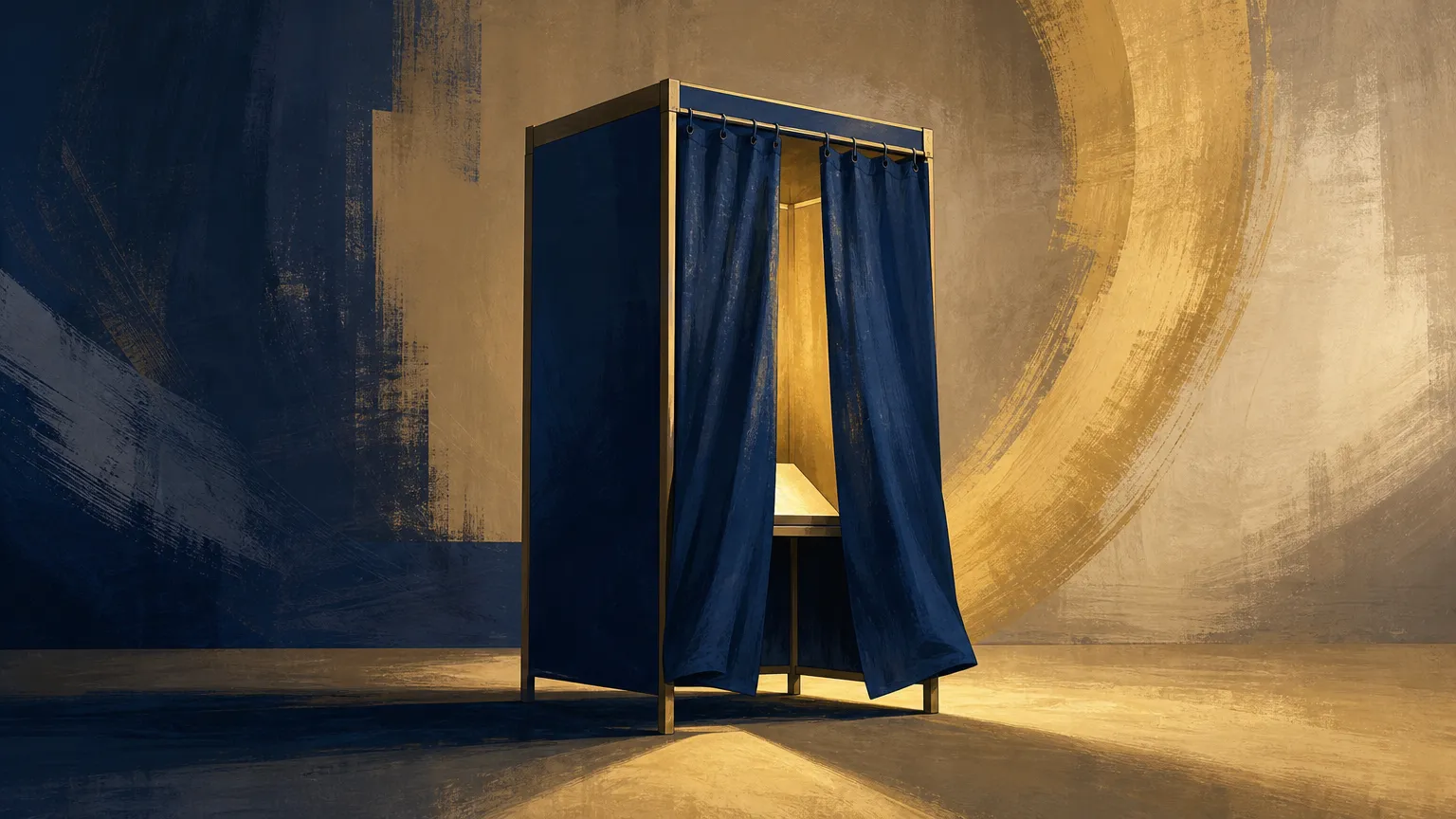 Ilustração: uma cabine de votação estilizada com cortina azul-marinho, em azul-marinho e dourado.