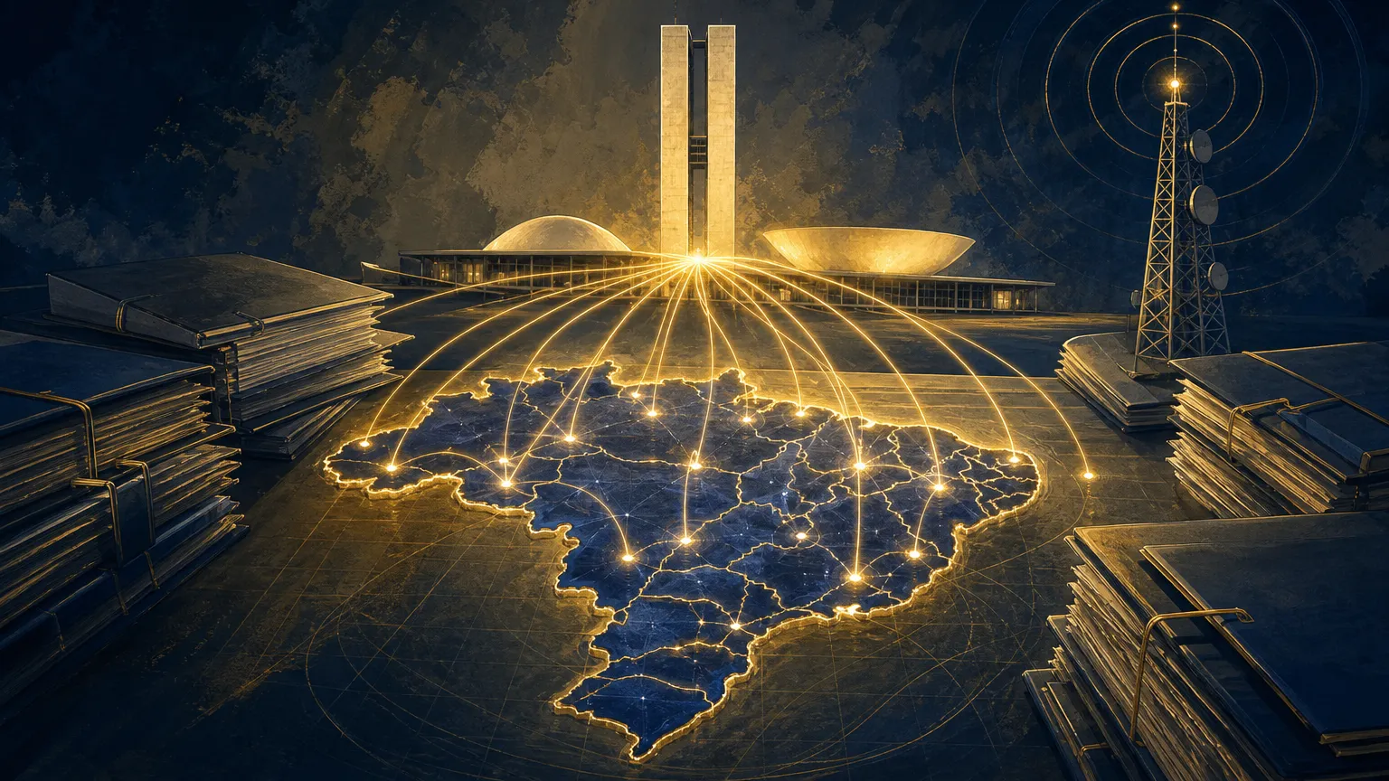 Ilustração: Um mapa do Brasil iluminado sobre uma mesa, com fios luminosos saindo de vários estados e convergindo para um painel estilizado do Senado ao fundo; ao redor, pastas de protocolos empilhadas e uma torre de rádio simbolizando integração de inteligência, tudo em luz e sombra que destacam a