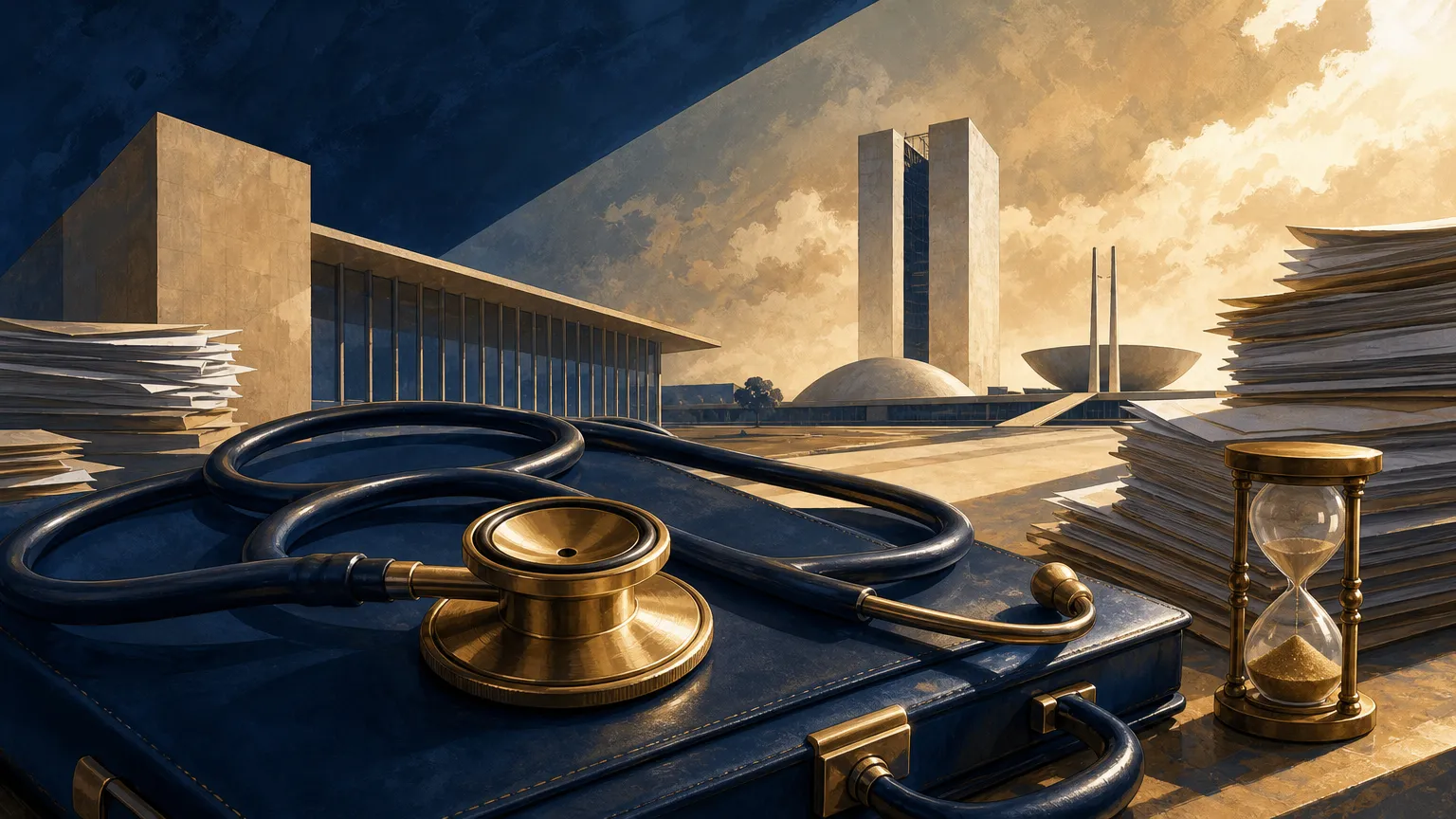 Ilustração: Um estetoscópio ampliado em primeiro plano repousa sobre uma pasta executiva; ao fundo, a fachada estilizada do Ministério da Saúde e o Congresso desenham um horizonte de Brasília, com luz lateral que projeta sombras alongadas. Pilhas de papéis sem texto e uma pequena ampulheta ao lado d