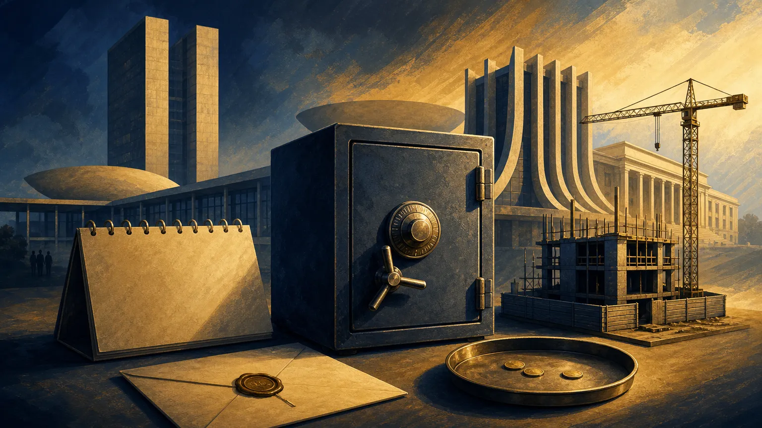 Ilustração: Na frente de fachadas institucionais estilizadas ao fundo, um cofre fechado ocupa o primeiro plano, iluminado por uma luz lateral que projeta longas sombras; ao redor, um calendário sem números, um envelope lacrado e uma bandeja de moedas quase vazia e uma miniatura de obra com uma grua