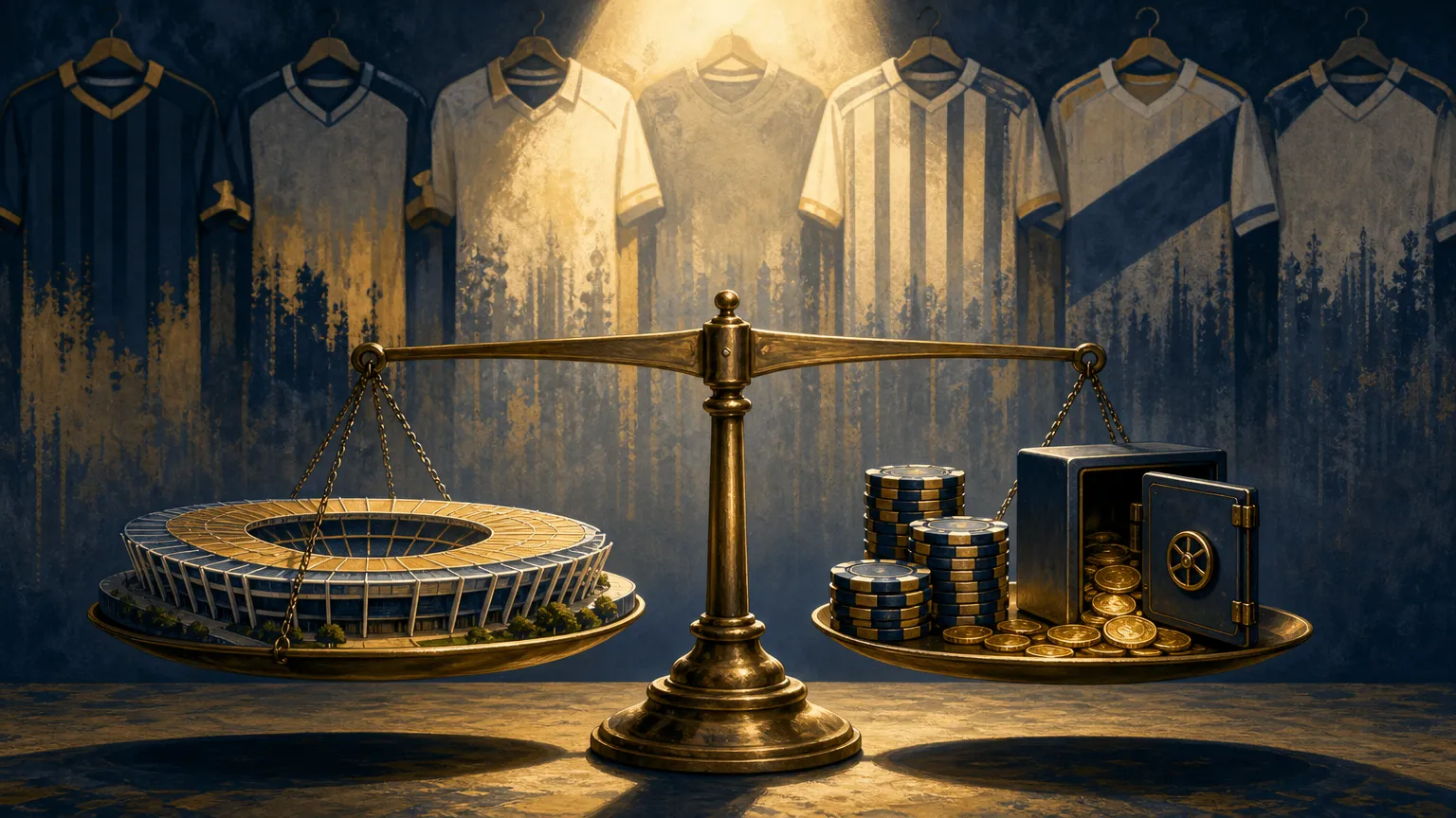 Ilustração: Uma balança em primeiro plano equilibra de um lado uma pequena arena estilizada e do outro uma pilha de fichas de aposta e um cofre com moedas à mostra; ao fundo, camisas de futebol penduradas com manchas indicando patrocinadores que vão desbotando, tudo iluminado por um foco de luz que