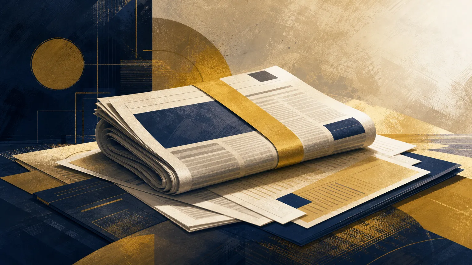 Ilustração: jornal dobrado e documentos estilizados, em azul-marinho e dourado.