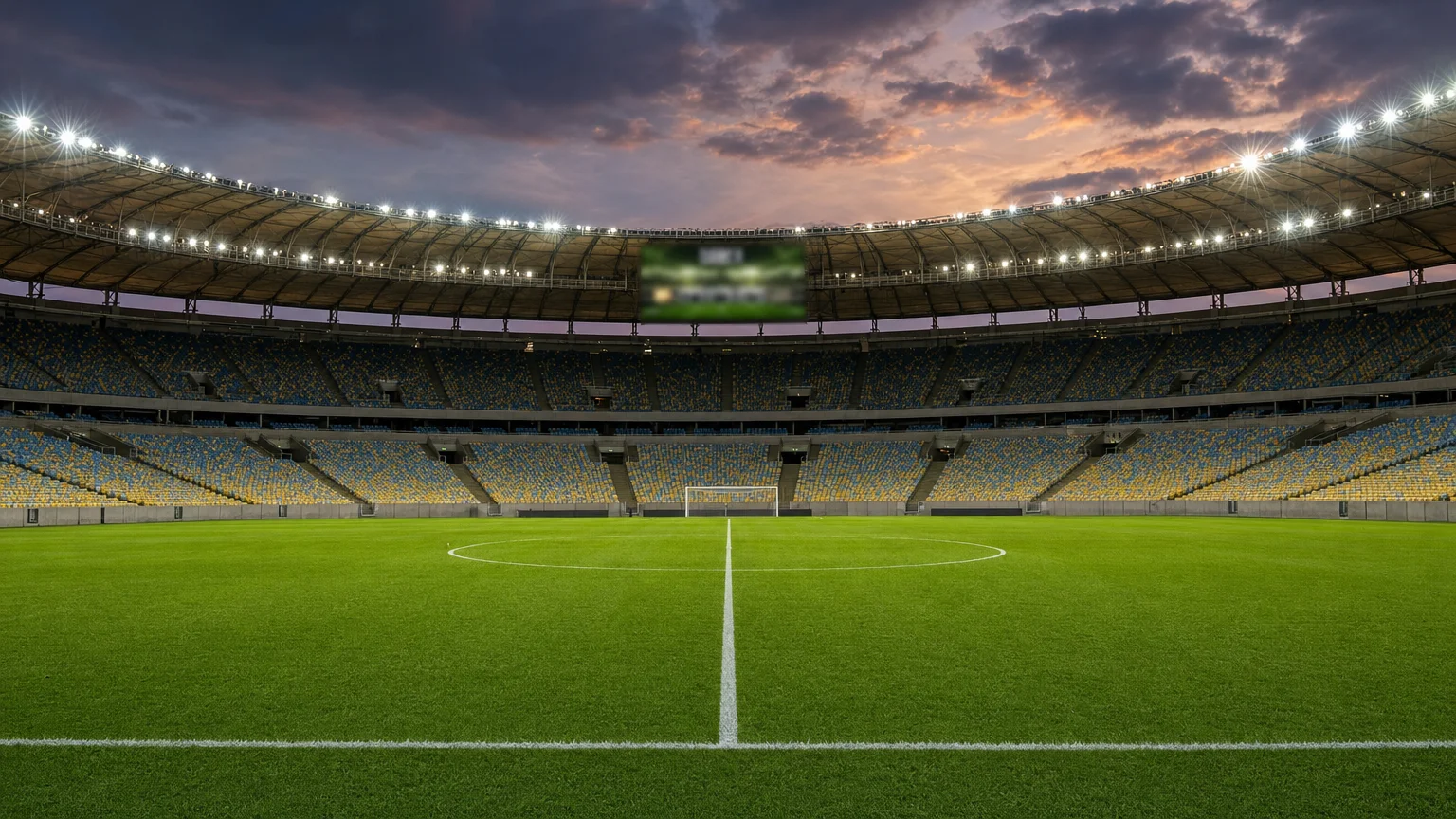 Vista ampla de estádio de futebol ao cair da noite, arquibancadas vazias, gramado impecável com marcações nítidas, placar eletrônico desfocado ao fundo e parte das cabines de transmissão; refletores c